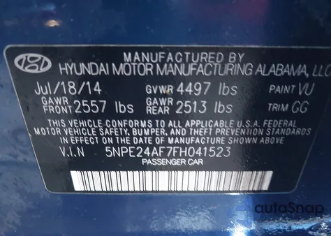 2015 Hyundai Sonata Se из США, поврежденный, VIN 5NPE24AF7FH041523